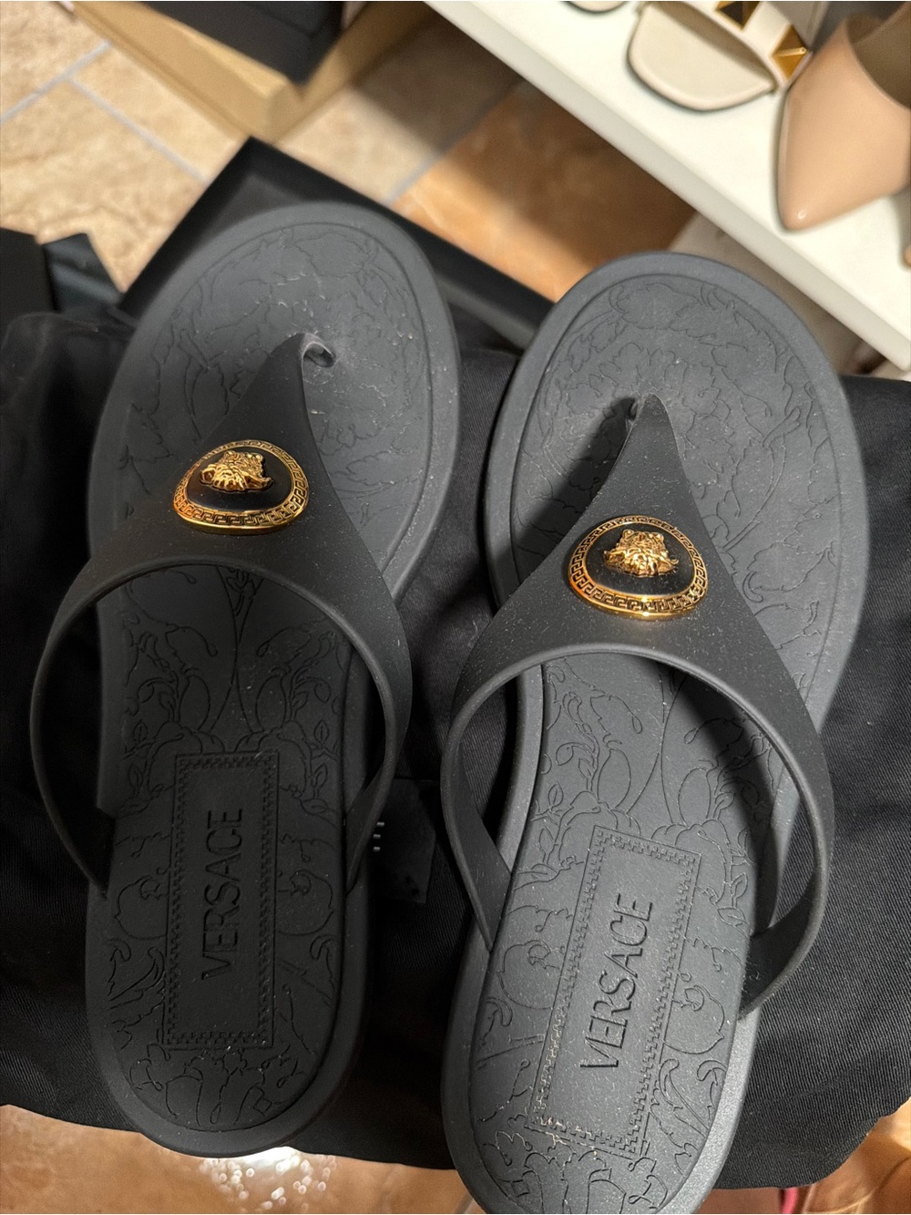 Versace Black Rubber Medusa Logo Flip Flops
